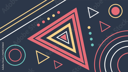 Geometric composition featuring nested triangles circles and diagonal lines on dark blue background