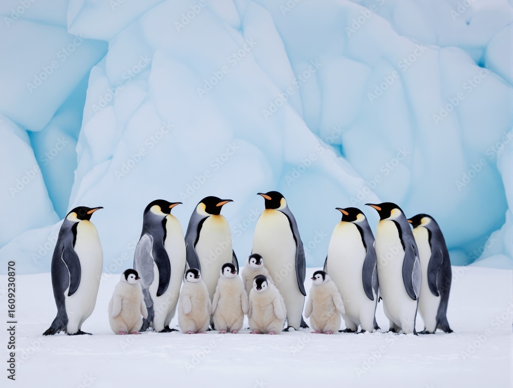 Fototapeta premium Penguin Family Grouping in Antarctic Landscape