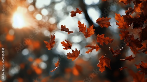 Beautiful Autumn Leaves Falling Gently as the Sunlight Filters Through the Tr...