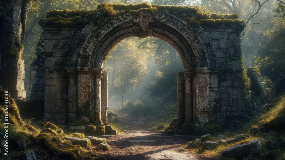 Fototapeta premium Sunlit path through mossy stone archway in forest