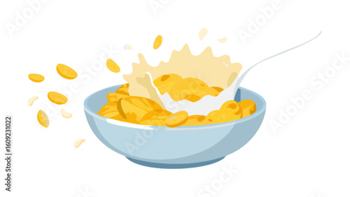 A bowl of corn flakes with milk being poured in causing splash and scattered flakes around bowl view