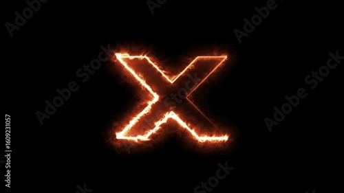Animation neon letter X, glowing neon capital letter sign icon, on black background, X text icon animated by glowing neon.4k render