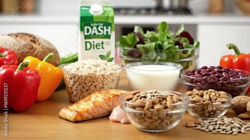 A nutritious selection of foods are displayed on a wooden table showcasing whole grains vegetables proteins and healthy fats
