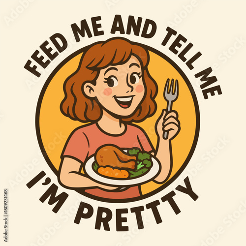 A girl is holding a fork and a plate of food. The plate has a chicken and broccoli. The girl is smiling and the plate is full. The caption reads "Feed me