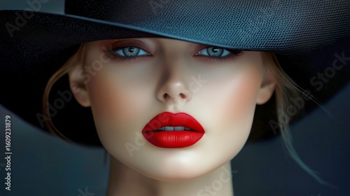 Gorgeous Model With Striking Red Lips and Wide-Brimmed Hat Posing Elegantly i...