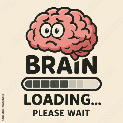 A cartoon brain with a loading bar on it. The brain is looking sad and the loading bar is moving slowly