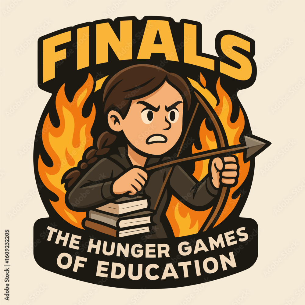 A girl with a bow and arrow is holding books and is surrounded by fire. The Hunger Games of Education is written below the girl