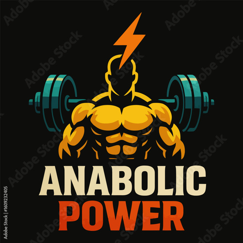 A muscular man with a lightning bolt on his head and a pair of dumbbells in his hands. The image is titled "Anabolic Power"