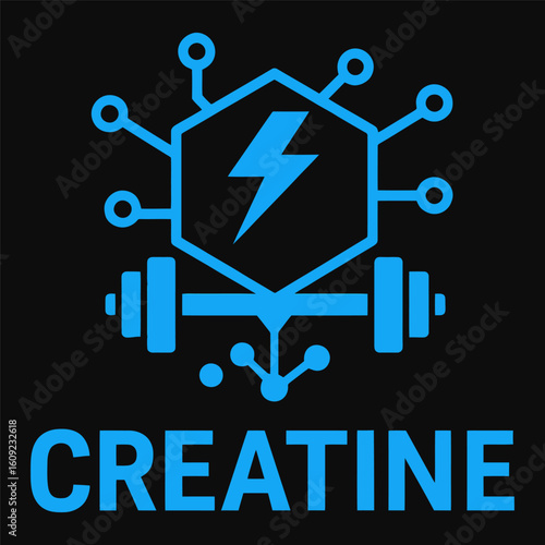 A blue logo with a lightning bolt and a dumbbell. The word CREATINE is written below the logo