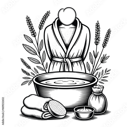 Black and white vector of spa-at-home essentials bundle with foot soak tub, pumice stone, cream, towel, robe, and lavender sachet arranged neatly