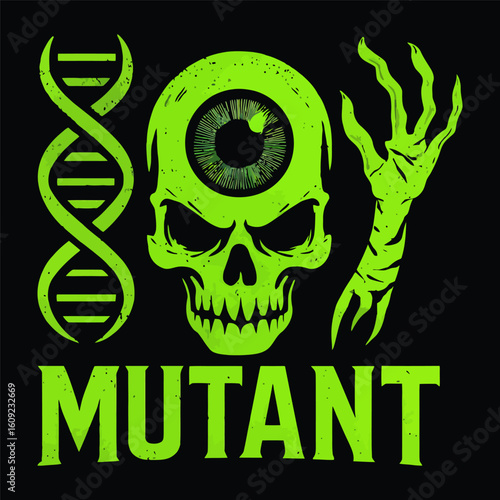 A skull with a green eye and the word mutant written below it. The skull is surrounded by a green DNA strand