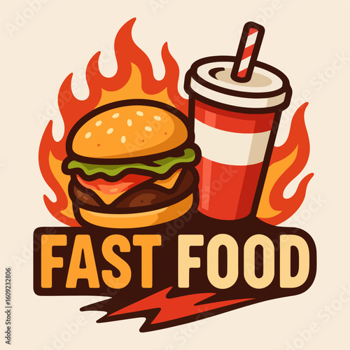 A hamburger and a drink with a fire in the background. The image is titled Fast Food