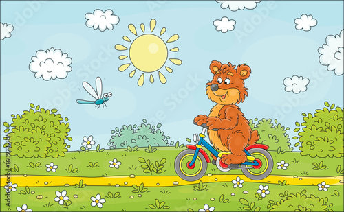 Funny brown bear riding a b...
