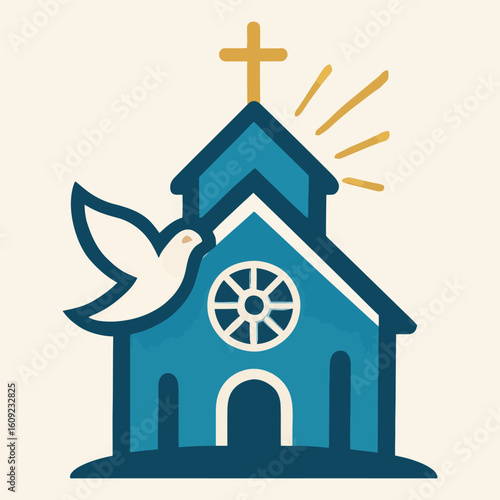 A blue church with a cross on top and a dove on the roof. The church is surrounded by a white background