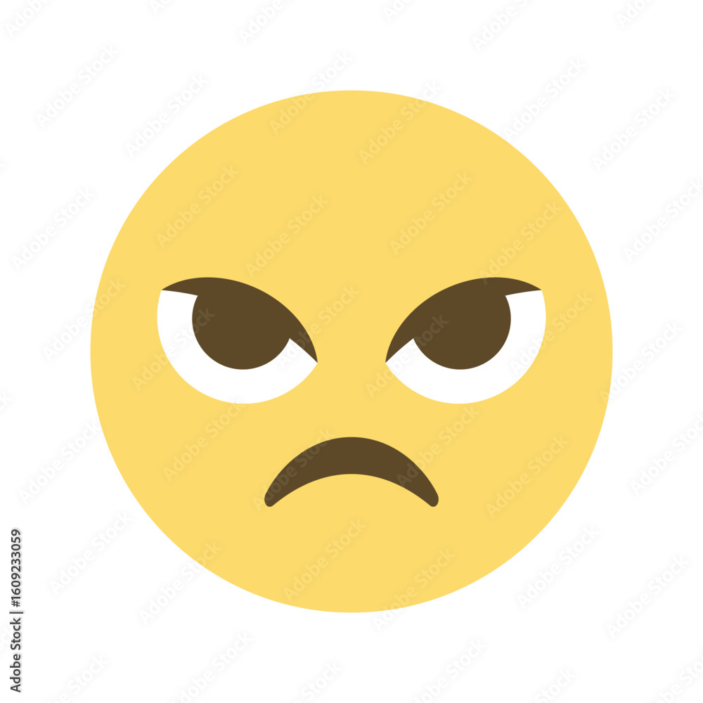 Fototapeta premium A yellow emoji with furrowed eyebrows and a frown expressing anger and dissatisfaction on white background