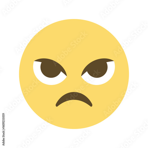 A yellow emoji with furrowed eyebrows and a frown expressing anger and dissatisfaction on white background