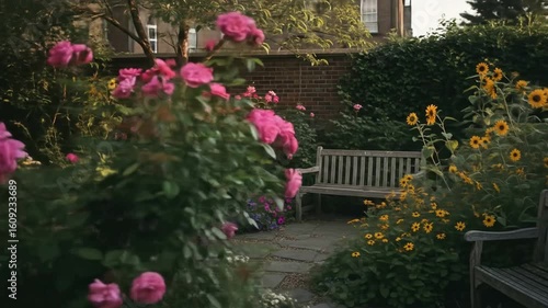 A lush garden with pink roses, sunflowers, purple flowers, and wooden benches near a brick wall