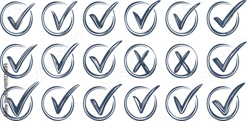 Check marks doodle set. Vote, yes, no, checkbox, checklist, tick and cross signs, v and x drawn concept. Hand drawn doodle sketch style vector illustration