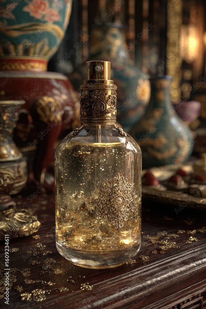 Golden perfume bottle on ornate table Golden perfume bottle on ornate table
