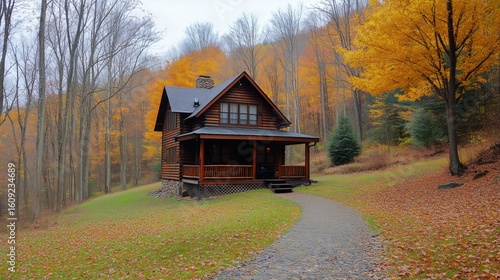 Beautiful Log Cabin Surrounded by Vibrant Autumn Foliage in a Tranquil Mounta...