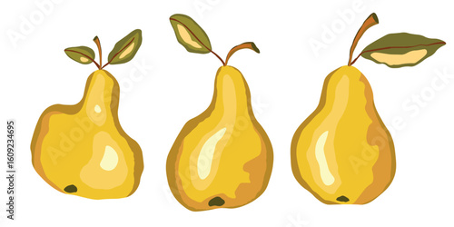 Pear isolated on white background. Natural delicious fresh ripe tasty fruit. Sweet pears with leaves. Food concept. Vector illustration for design.