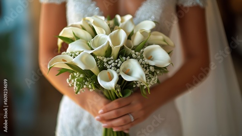 Elegant Bride Holding a Bouquet of White Calla Lilies and Greenery Indoors Du...