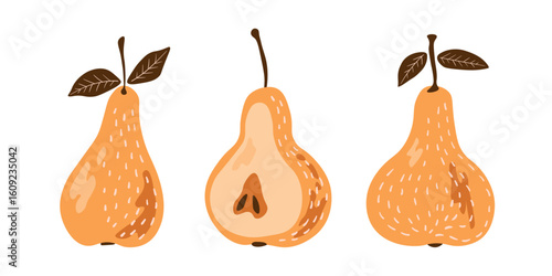 Pear isolated on white background. Natural delicious fresh ripe tasty fruit. Sweet pears with leaves. Food concept. Vector illustration for design.