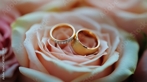 Beautiful Wedding Rings Resting on Soft Pink Roses in a Romantic Setting