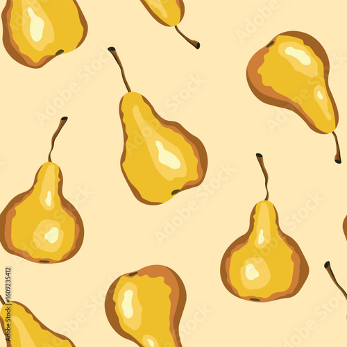 Seamless pattern with pear on color background. Natural delicious fresh ripe tasty fruit. Sweet pears with leaves. Food concept. Vector illustration for print, fabric, textile.
