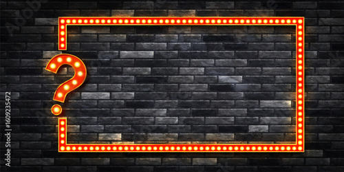 Vector marquee neon frame with a question mark isolated on wall background. Concept of quiz and trivia.