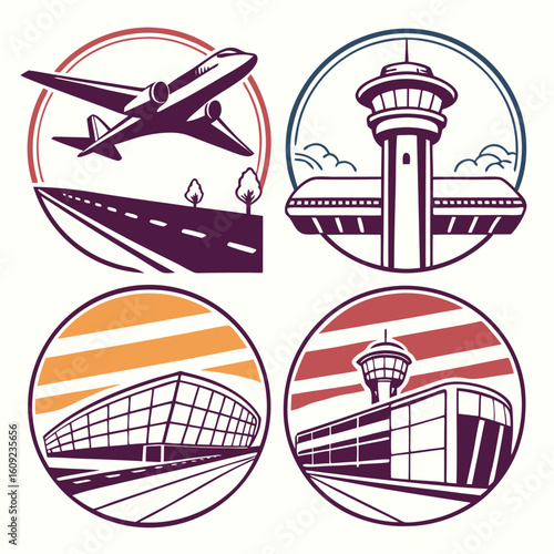 Four circular airport themed icons featuring an airplane, control tower, and terminal buildings design concept