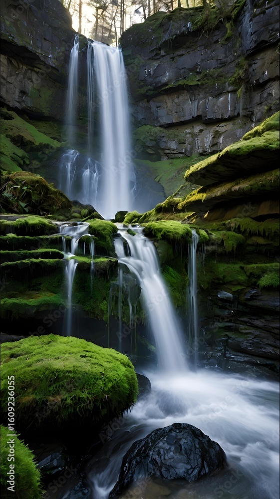 Fototapeta premium Enchanting waterfall cascading over mossy rocks, creating a serene nature escape for your next project