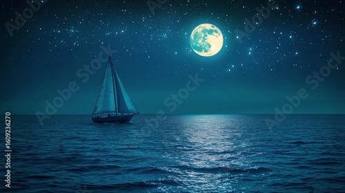 Sailing Under a Full Moon on a Calm Ocean at Night With Starry Sky