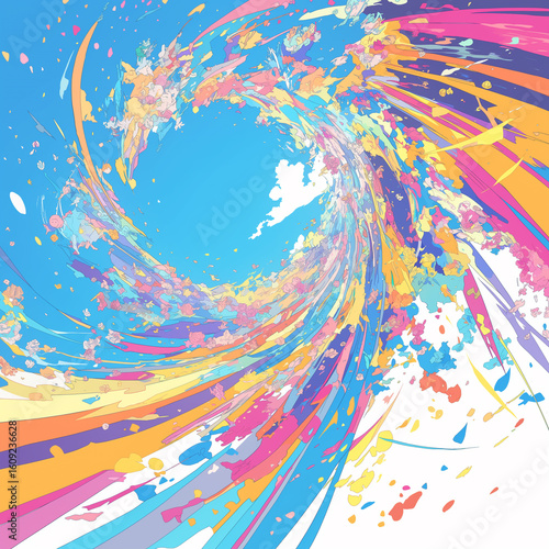 アニメ風背景、虹色グラデーション、中心から広がる光、カラフルライン、プレゼン素材、テクノロジー感、ビジネスにも使える背景、明るい抽象背景、未来的印象