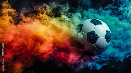 Vibrant Soccer Ball Emerging From Colorful Smoke in Dynamic Motion