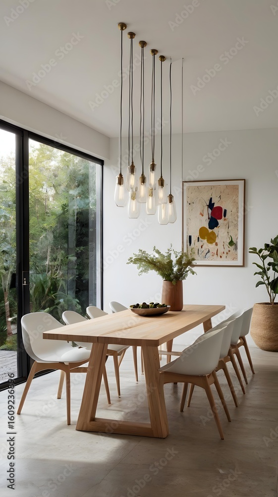 Fototapeta premium Modern dining room interior with stylish wooden table and chairs for family gatherings