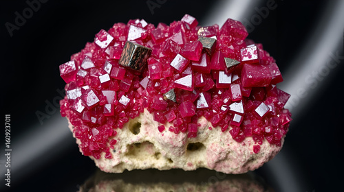 Mineral Proustite, Ruby red prousite crystals covering a vuggy matrix. Imiter, Morocco