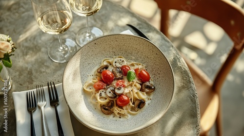 Gourmet Pasta Dish Served on a Stylish Table With Elegant Decor and Drink Bes...
