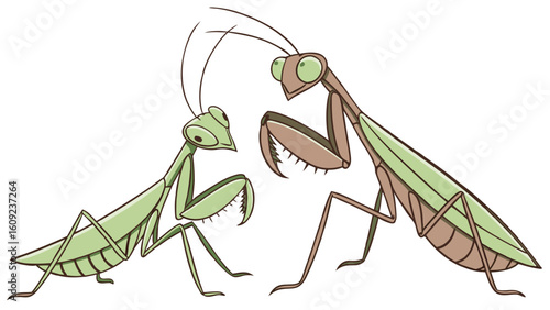 Playful Cartoon of Two Praying Mantises in Conversation