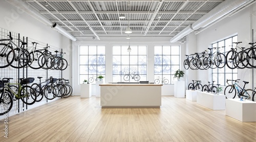 Modern bicycle retail store interior with displayed cycles.