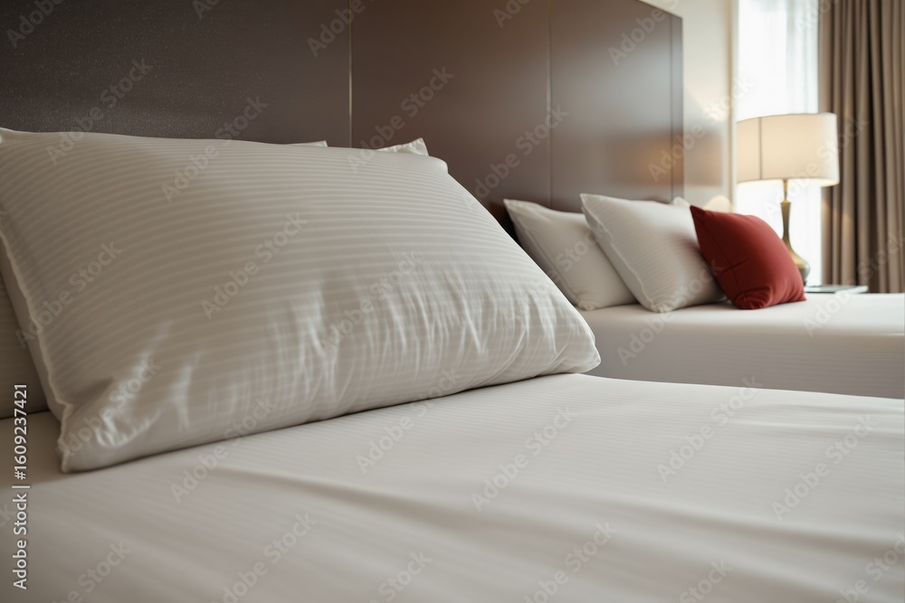 Obraz premium Inviting hotel beds with crisp white linens and neutral tones.