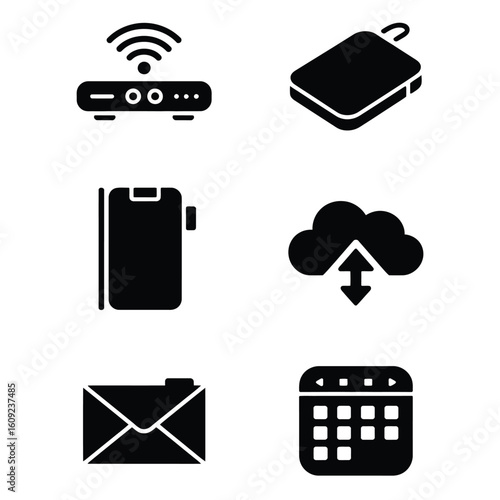 Essential nomadic tools bundle featuring VPN device, external battery, cloud storage drive, email and scheduling app icons in black and white vector