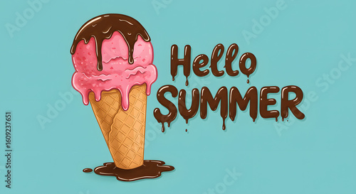 Hello Summer greeting card design featuring a delicious pink ice cream cone with dripping chocolate sauce and typography effect.