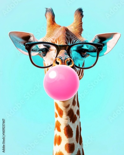 Wallpaper Mural Whimsical image of a giraffe with glasses indulging in bubble gum. Torontodigital.ca
