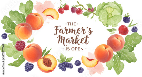 Watercolor Farmer's Market sign with a decorative wreath of fresh peaches, berries, and vegetables. Image_fx (71).png style.