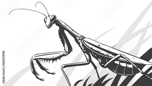 Detailed Black and White Praying Mantis Illustration on Stylized Grass Background
