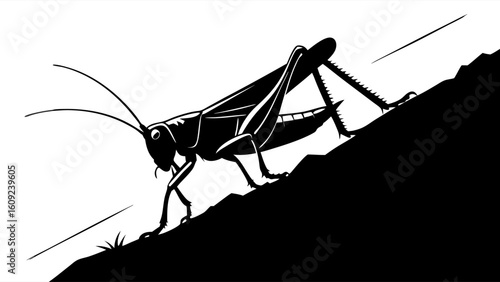 Black and White Graphic Illustration of a Grasshopper or Locust Climbing a Steep Hill, Symbolizing Perseverance and Uphill Progress
