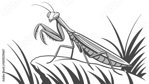 Monochromatic Praying Mantis Illustration in Grassy Habitat, Detailed Wildlife Line Art for Nature and Entomology Studies