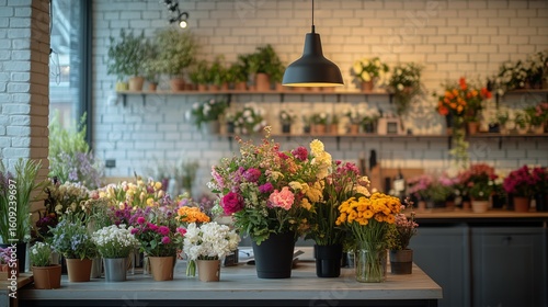 Beautiful Flower Shop Filled With Vibrant Blooms and Natural Light During Aft...