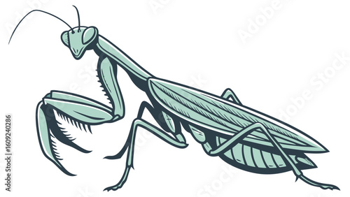 Detailed Green Praying Mantis Vector Illustration Isolated on White Background for Nature, Wildlife, and Entomology Designs